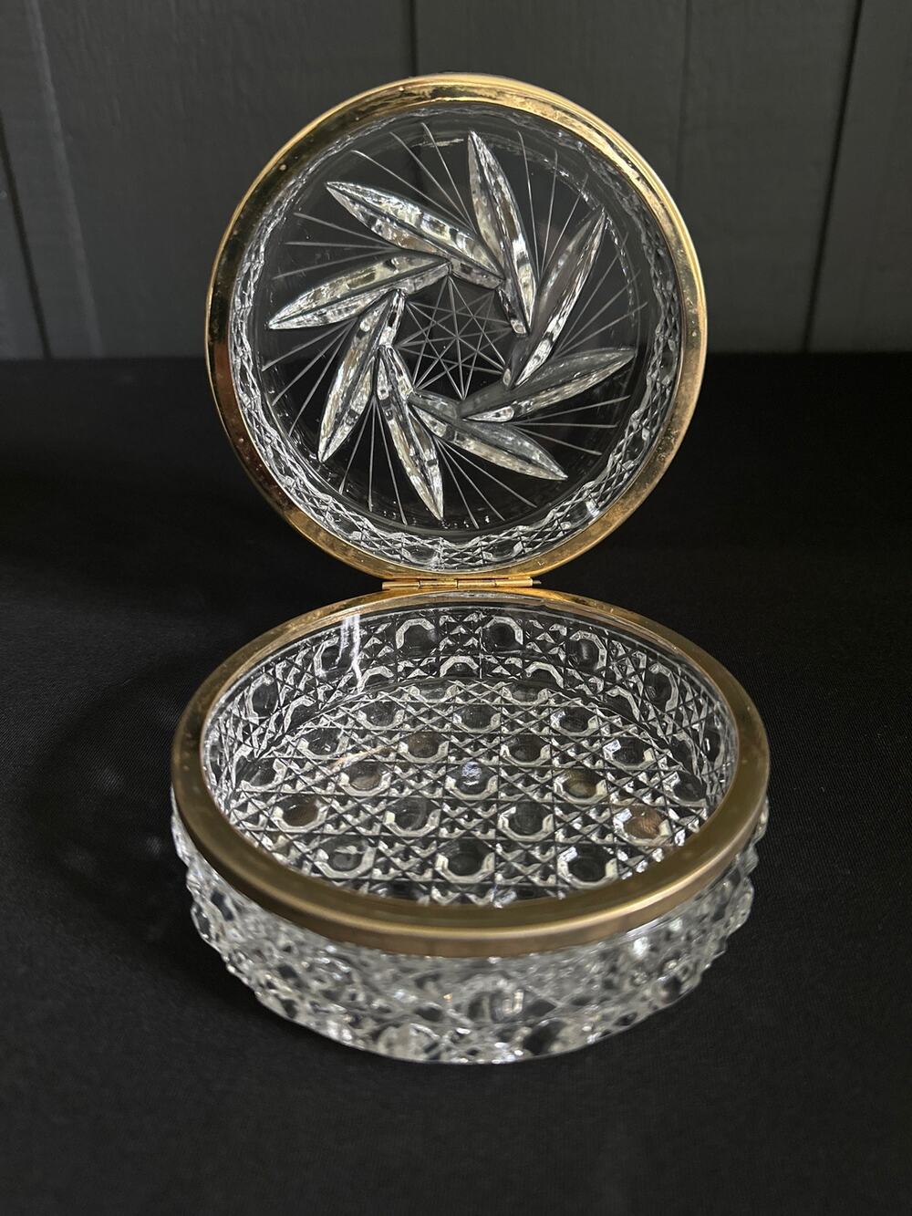 Vintage Cut Clear Crystal Jewelry Round Hinged Casket Jewelry Trinket Box